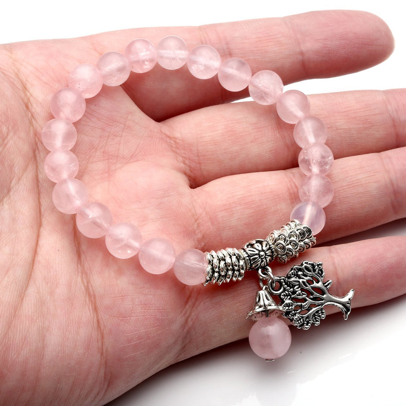 [Australia] - Top Plaza Stretch Rose Quartz Tree of Life Lucky Stone Bracelet Reiki Healing Crystal Gemstone Dangle Charms Pendant Birthstone Bracelet(6.2") Amethyst+Rose Quartz 