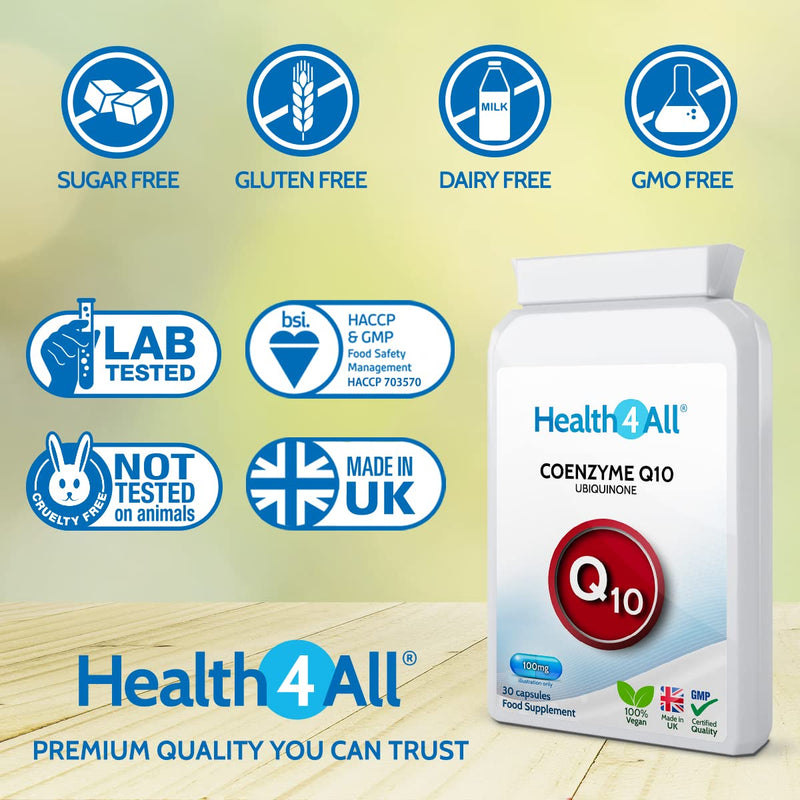 [Australia] - CoQ10 100mg 30 Capsules (V) . Vegan Pure Grade CoEnzyme Q10 Capsules (not Tablets). Made in The UK by Health4All. 30 Count (Pack of 1) 
