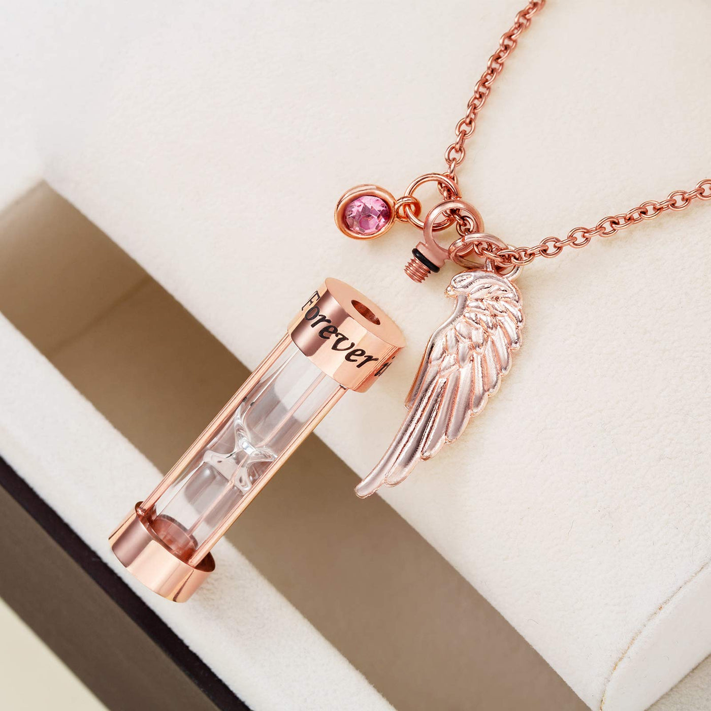 PREKIAR Cremation Urn Necklace for Ashes Timeless Hourglass Memorial  Pendant Keepsake Jewelry for Human Pet Ashes with 12 Birthstone Angel Wing  Rose Gold Hourglass