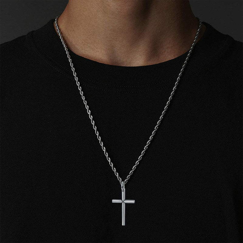 [Australia] - CEKAMA Large Sterling Silver Cross Necklace for Men High Polished Cross Crucifix Pendant Necklace Matte Texture for Teens Boy 22+2" Classic Style 