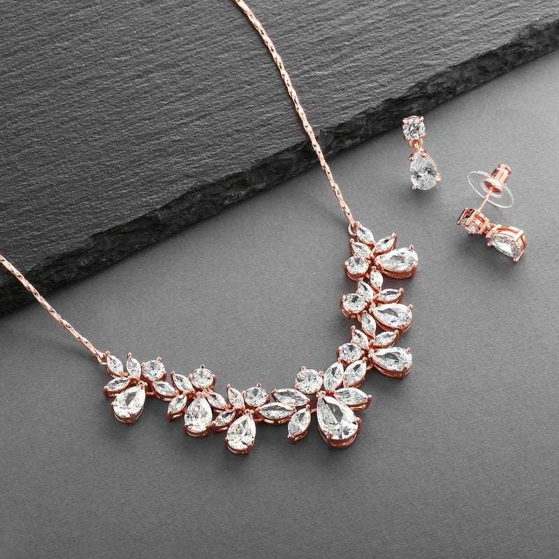 [Australia] - Mariell Rose Gold Multi-Shaped Cubic Zirconia Necklace & Earring Wedding Jewelry Set for Women and Brides 