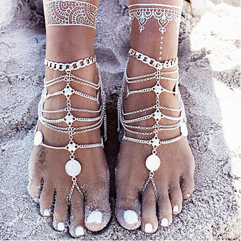 [Australia] - Morebrave Beach Layered Anklet Sequins Anklets Chain Tassel Foot Jewelry Foot Chain for Women and Girls (SILVER)(Pack of 1) 
