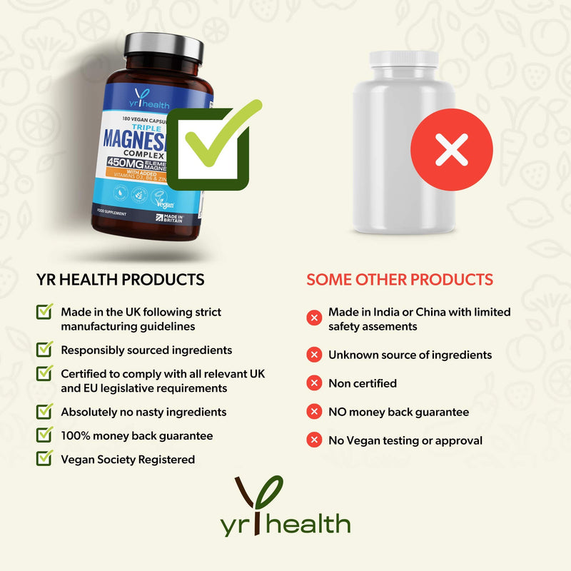 [Australia] - Vegan Magnesium Supplements with Zinc, 180 Capsules, Triple Magnesium Complex Supplement Plus Vitamin D, B6 & Copper, Vegan Society Registered, Made in The UK by YrHealth 