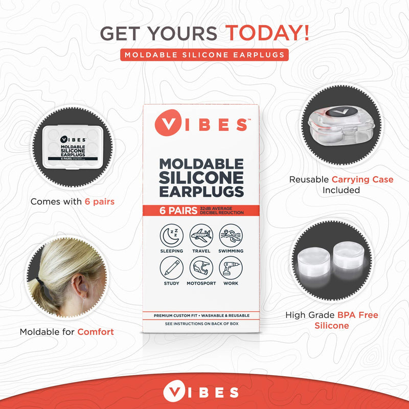 [Australia] - Silicone Ear Plugs - 6 Pairs Vibes Reusable Earplugs For Sleep, Custom Waterproof Moldable Gel, 32 dB Best Sound Blocking Earplug, Noise Reduction in Sleeping, Travel, Swimming, Studying, Construction 