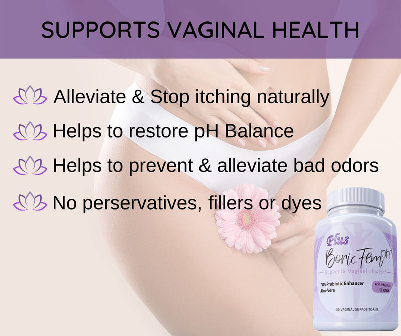 [Australia] - Boric Acid Vaginal Suppositories Plus Aloe Vera & FOS Probiotic Enhancer 800mg/ , 30 Count All Natural Made in USA 