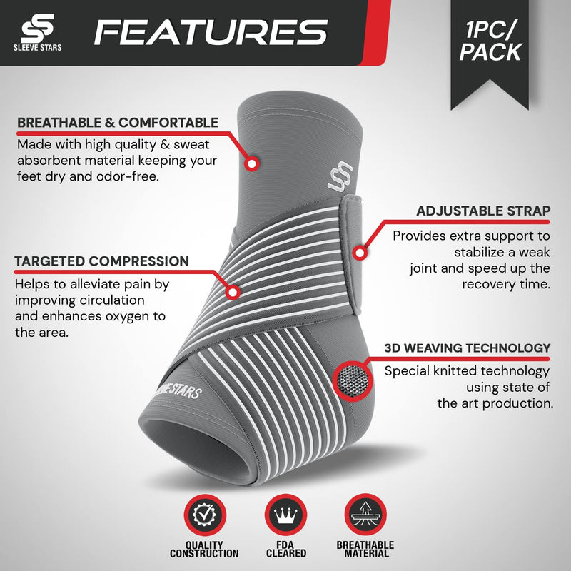 [Australia] - Sleeve Stars Ankle Brace for Plantar Fasciitis Relief, Ankle Wrap for Sprained Ankle, Ankle Brace for Women & Men, Heel Protectors Sleeve w/ Ankle Support Strap, Heel Brace for Heel Pain (Single/Gray) 1 Gray 