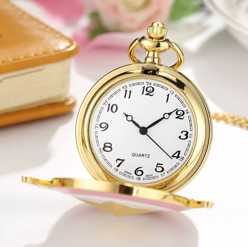 [Australia] - Womens Sakura Star Wings Quartz Pocket Watch with Chain + Gold Box 