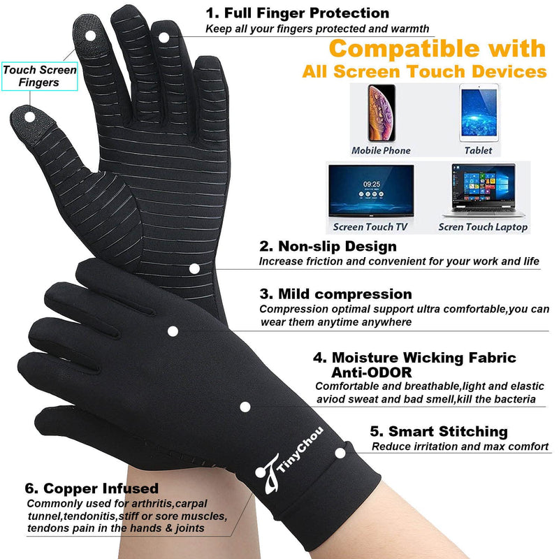 [Australia] - 2 Pairs Full Finger Copper Compression Arthritis Gloves for Men Women with Touchscreen Tips for Carpal Tunnel,Typing,Support (Medium) Medium 