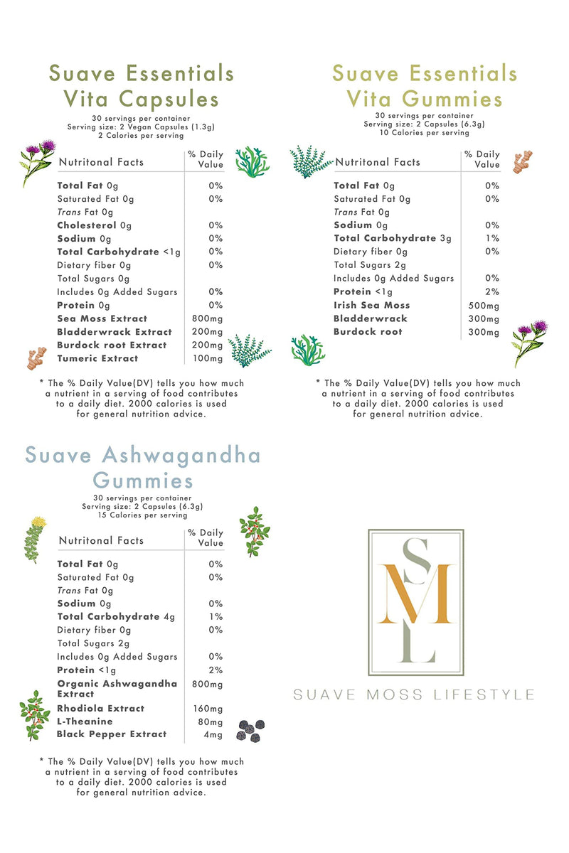 [Australia] - Suave Moss Lifestyle | Sea Moss Gummies with Bladderwrack and Burdock Root | 60 Gummies | Apple Flavour | All Natural, Vegan, Gluten Free, Non GMO, Dr Sebi. 
