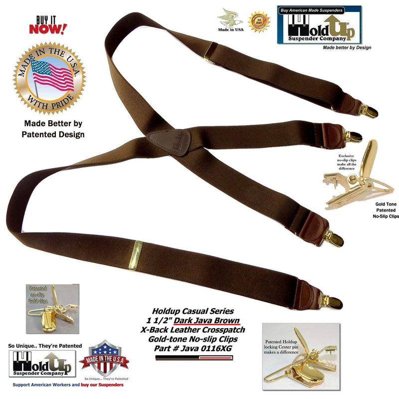 [Australia] - Holdup Suspender Company Casual Series Java Brown X-back Suspenders with Patented No-slip Gold-tone Clips 