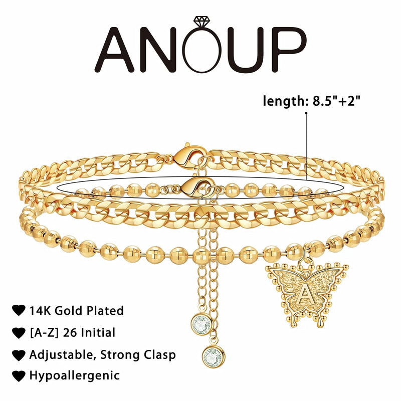 [Australia] - Ankle Bracelets for Women , 14K Gold Plated Double Layered Anklets for Women Cute Initial Butterfly Anklets Foot Jewelry for Women Teen Girls A 