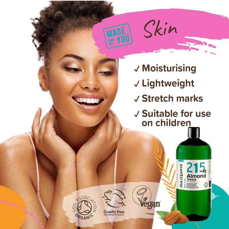 [Australia] - Naissance Certified Organic Sweet Almond Oil (no. 215) 1 Litre ‚Äì For Skin Hair Massage Nails Ears Face Body Stretch Marks - Natural Skin Care Cold Pressed Unrefined Food Grade Carrier Oil Aromatherapy 