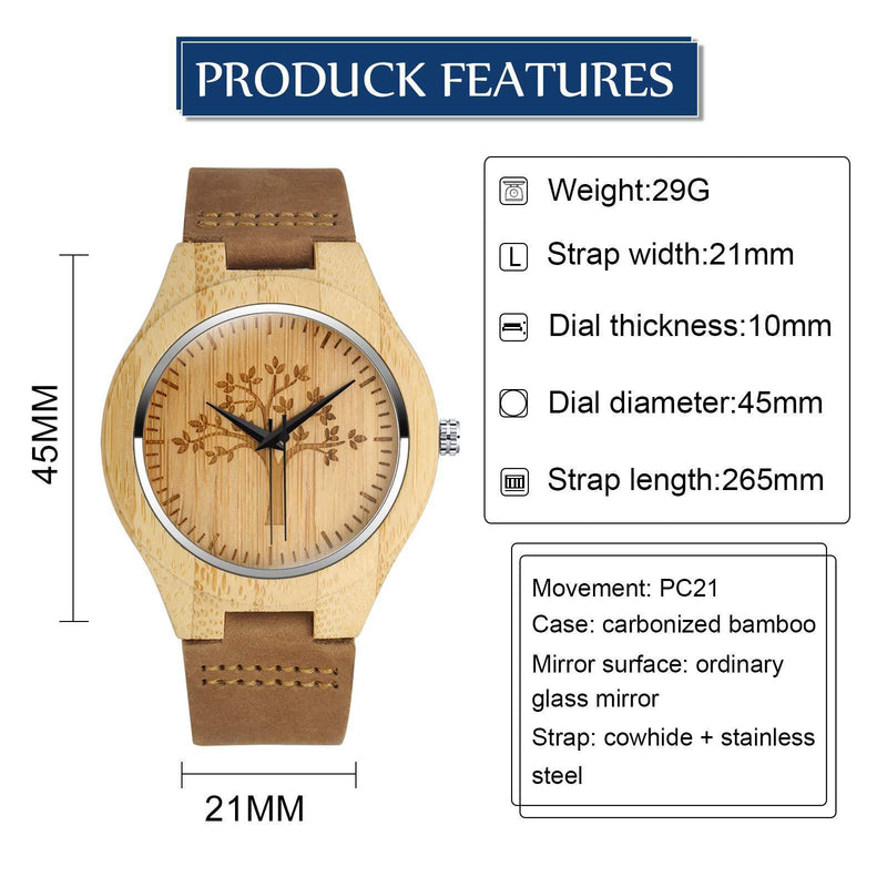 [Australia] - MicLee Men's Women's Wrist Watches, Women's Bamboo Wood Watch, Tree of Life Pattern Wooden Watch, with Leather Band, Natural Wood Quartz Watch, Decorative Casual Watch 