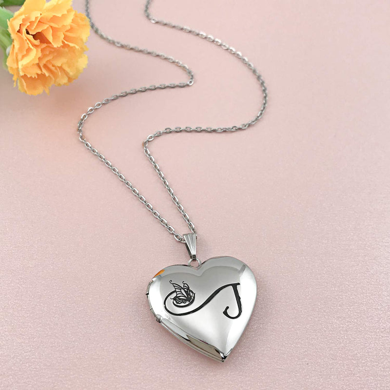 [Australia] - Butterfly Locket Necklace that Holds Pictures Initial Alphabet Letter Heart Shaped Photo Memory Locket Pendant Necklace J 