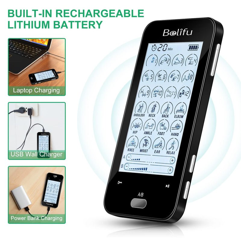 [Australia] - Belifu Dual Channel Tens Unit Electro Muscle Stimulator, Fully Isolated with Independent 24 Modes, Rechargeable Pulse Massager with Electrodes Pads for Neck Back Arms Chronic Pain Relief Body Building 
