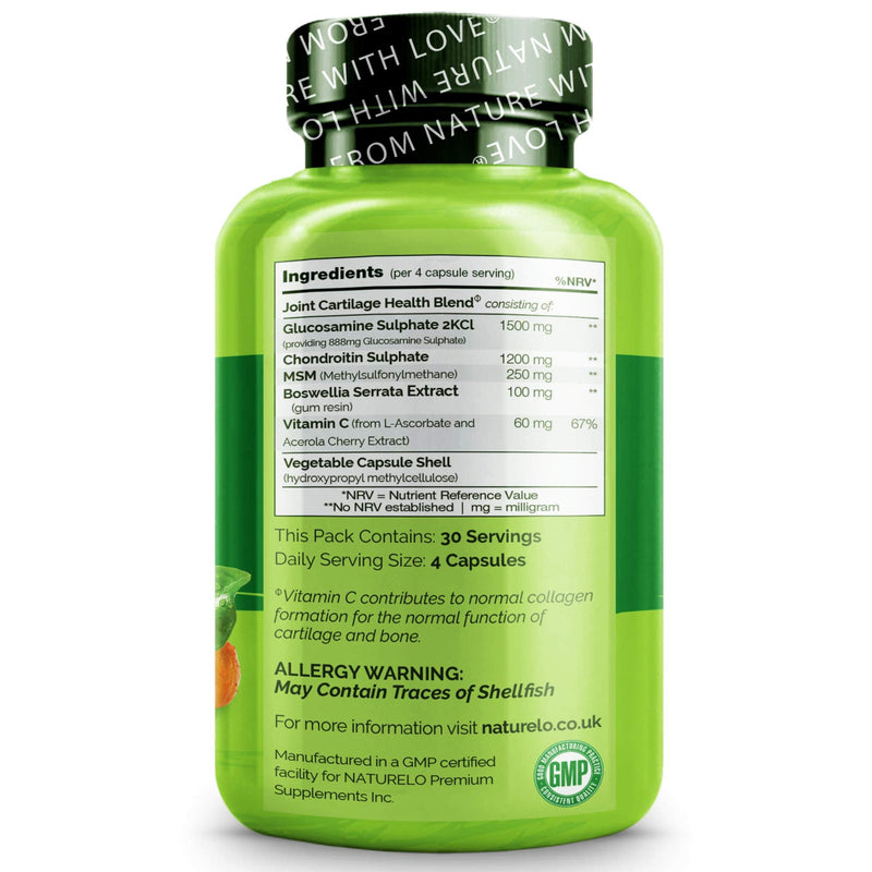 [Australia] - NATURELO Glucosamine (1500mg 2kcl) formulated with Chondroitin, MSM, Boswellia and Vitamin C for Collagen Formation Supporting Cartilage & Bone - 120 Capsules | 1 Month Supply 