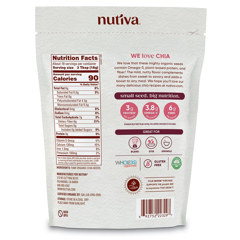 [Australia] - Nutiva Organic Premium Raw Ground Chia Seeds, 12 Oz, USDA Organic, Non-GMO, Whole 30 Approved, Vegan, Gluten-Free & Keto, Nutrient-Dense Seeds with 3g Protein & 5g Fiber for Salads, Yogurt & Smoothies 
