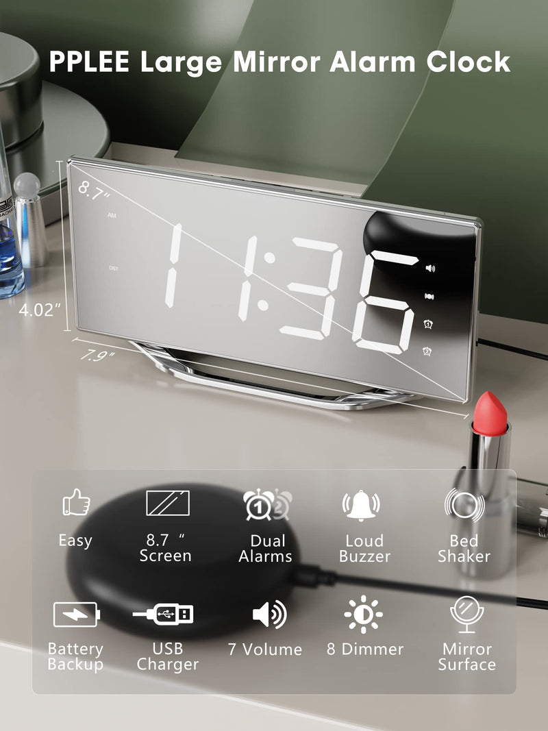 [Australia] - Extra Loud Vibrating Alarm Clock with Bed Shaker for Deep Sleepers Adult Hearing impaired Deaf, Dual Alarms Digital Clock for Bedroom,8.7'' Large Mirror LED Display,USB Charger,Battery Backup,Dimmable Silver Surface(with Bed Shaker) 