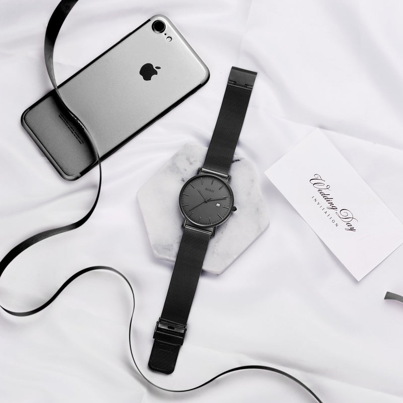 [Australia] - BUREI Men's Fashion Minimalist Wrist Watch Analog Date with Stainless Steel Mesh Band Black 