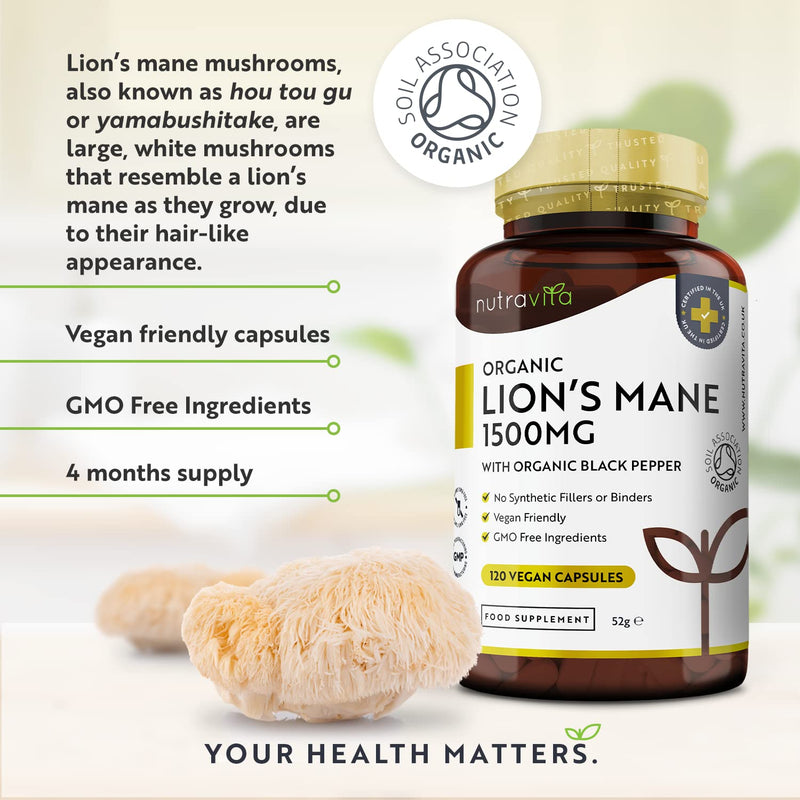 [Australia] - Organic Lions Mane Mushroom 1500mg - 120 High Strength Vegan Capsules (Not Powder) - Lions Mane Supplement with Organic Black Pepper - Made in The UK by Nutravita 