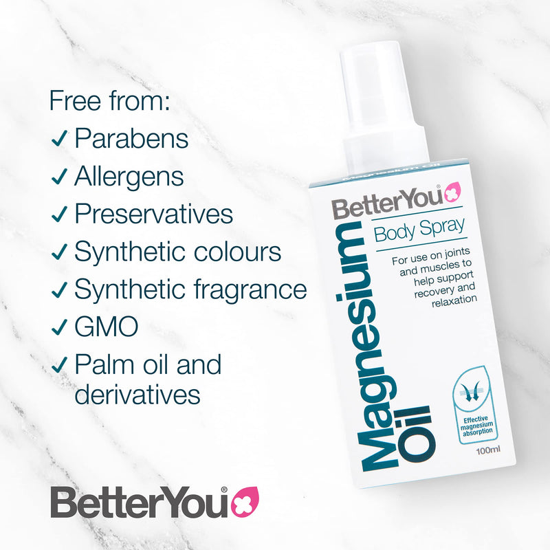 [Australia] - BetterYou Magnesium Oil Body Spray | Pure, Clean and Natural Source of Magnesium Chloride | Magnesium Spray | Vegan & Palm-Oil Free | 100ml (600 Sprays) Single 