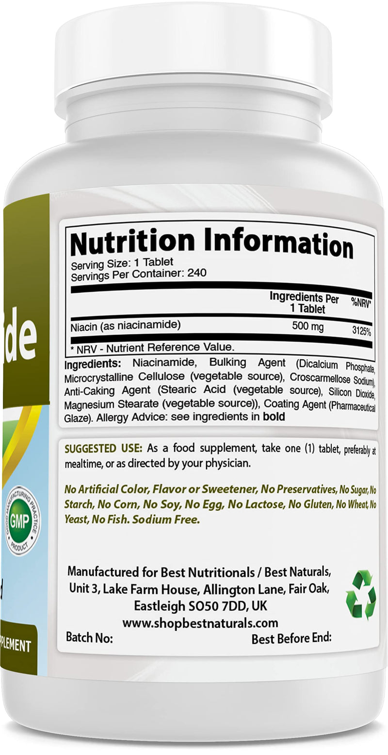 [Australia] - Best Naturals Niacinamide 500mg 240 Tablets (Suitable for Vegetarian) - Non-Flushing Form of Niacin (Vitamin B3)� (240 Count (Pack of 1)) 240 Count (Pack of 1) 