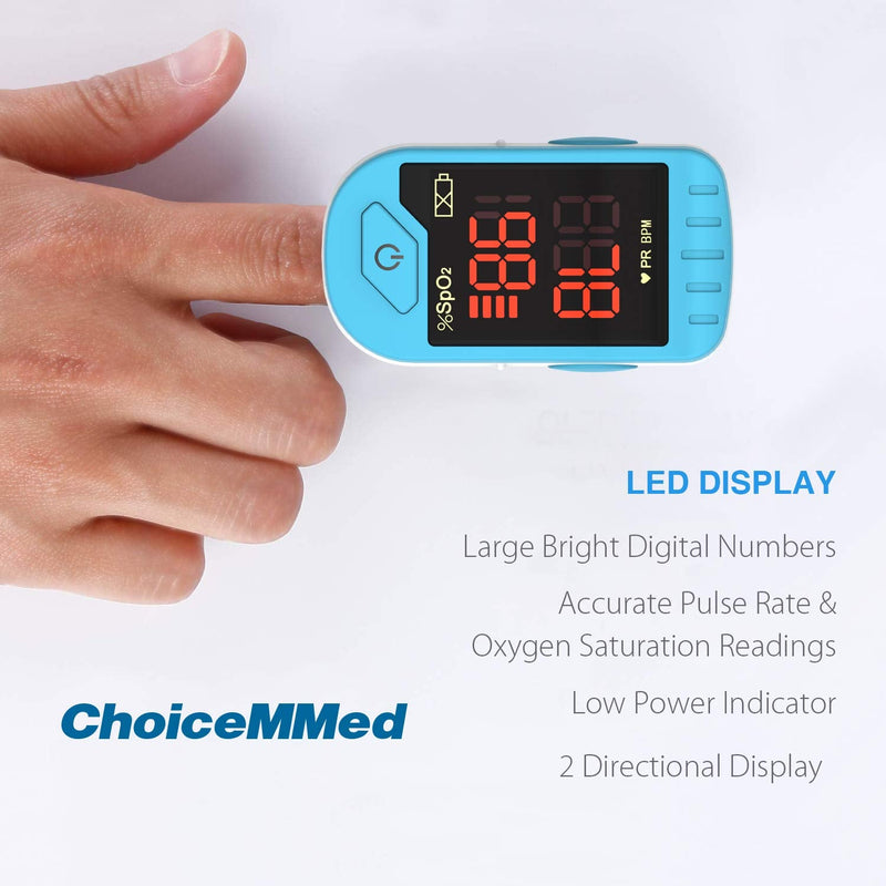 [Australia] - CHOICEMMED Light Blue Finger Pulse Oximeter - Blood Oxygen Saturation Monitor - SPO2 Pulse Oximeter - Portable Oxygen Sensor with Included Batteries - O2 Saturation Monitor with Carry Pouch 