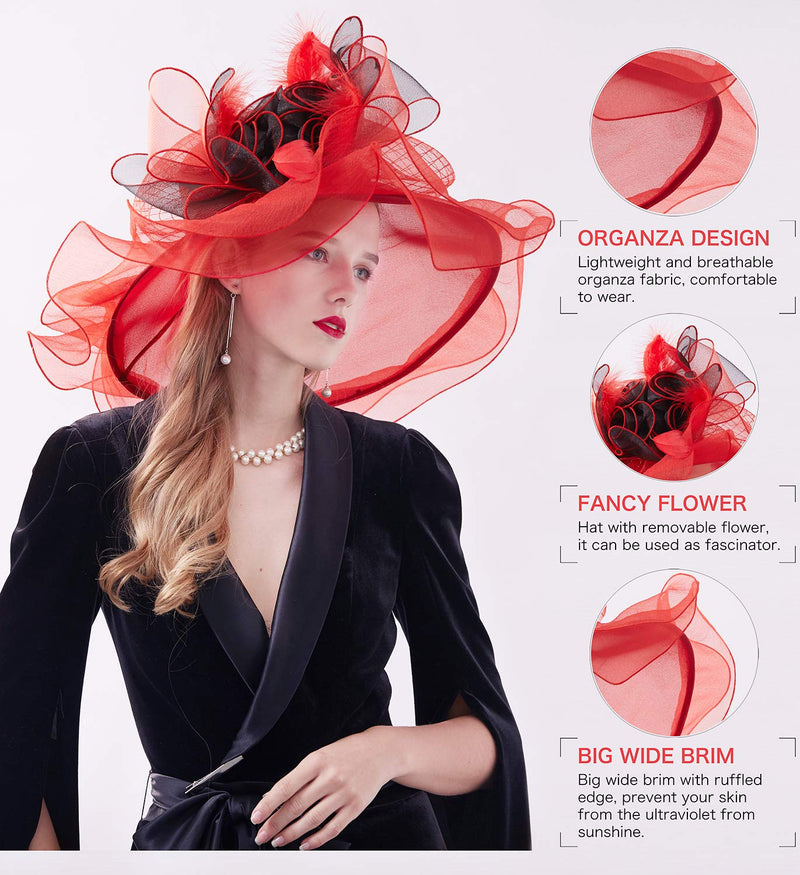 [Australia] - Z&X Women's Kentucky Derby Church Hat Organza Wide Brim Ruffle Fasciantor Hats for Wedding Tea Party with Clip, Dual-use 02d Red and Black 