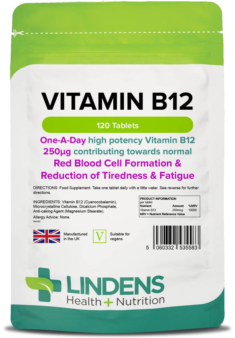 [Australia] - Lindens Vitamin B12 250mcg - 120 Pack � Tablets for Red Blood Cell Formation and Fatigue Reduction - Fast Absorption - UK Manufacturer, Letterbox Friendly 120 Count (Pack of 1) 