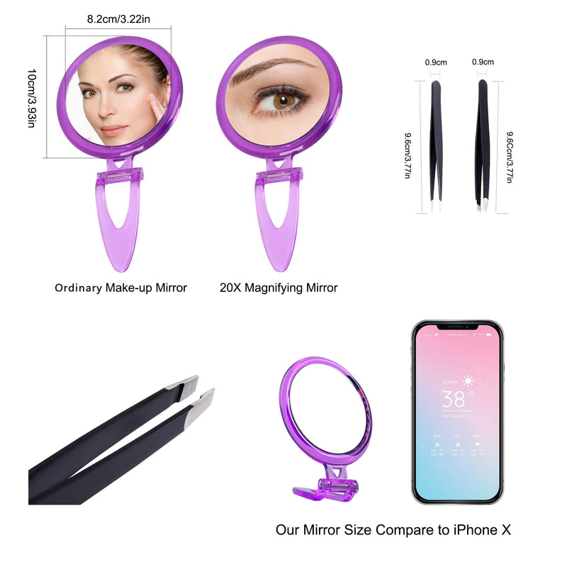 [Australia] - 20X Double-Sided Magnifying Mirror &Slant Tip and Pointed Eyebrow Tweezer Set,Perfect for Precise Makeup Application for Facial Hair, Ingrown Hair,Splinter, Blackhead and Tick Remover. (Purple) 