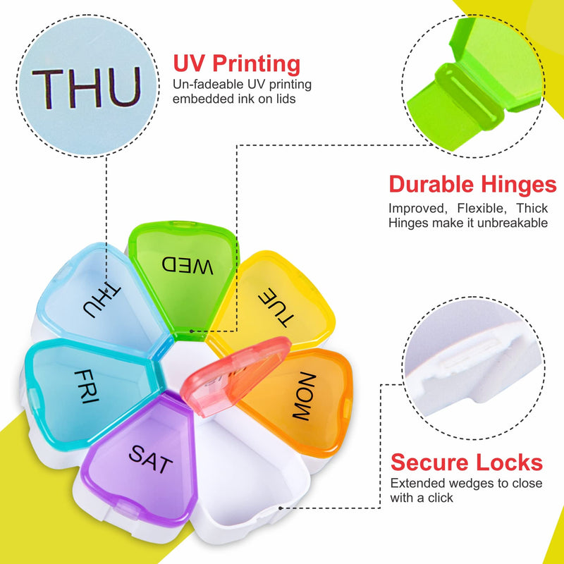[Australia] - Portable Weekly Pill Box Organiser | Easy to Open 7 Day Premium Quality Tablet Box | Travel Pill Case with Snap Shut Lids Design |Tablet Organiser for Vitamins, Supplements & Medicine (Flower) Flower Design Circular 