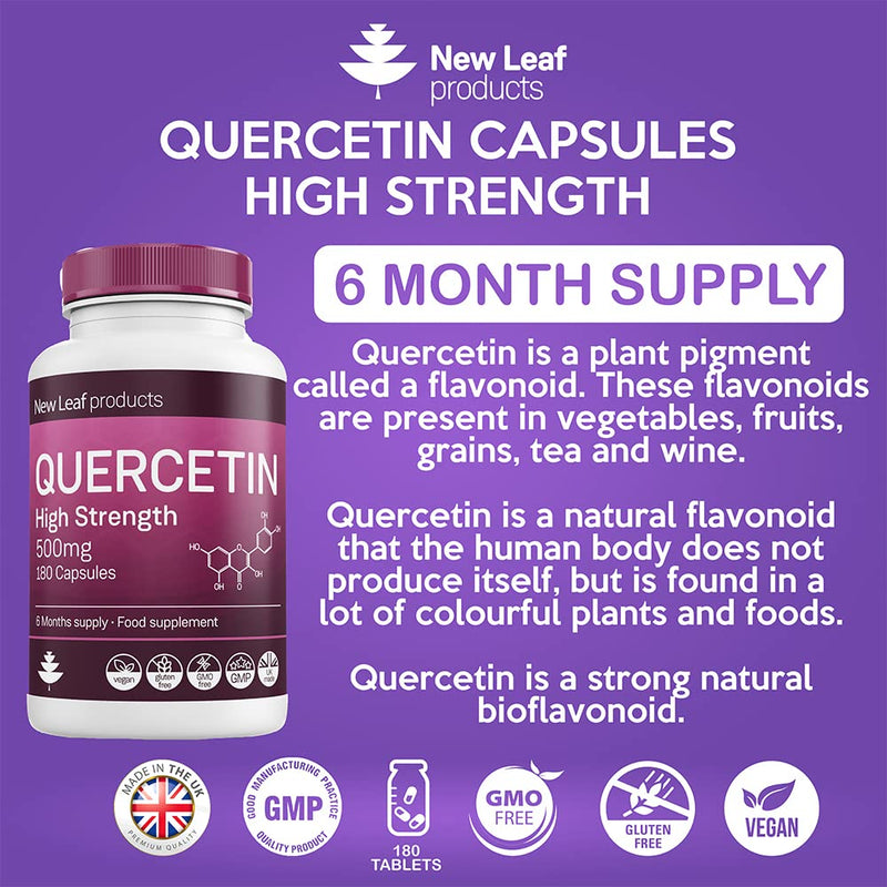 [Australia] - Quercetin 500mg High Strength Antioxidant Supplements (6 Months Supply) 180 Vegan Pure Quercetin Capsules Easy to Swallow - One A Day - Gluten Free & Non-GMO, Made in UK by New Leaf 
