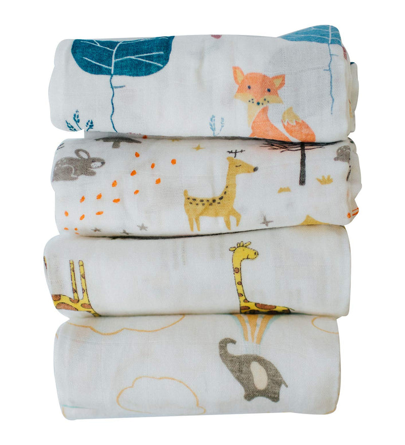 [Australia] - Little English Quality Muslin Squares cloth for Babies, Ultrasoft with 4 unique animal designs - Animal Friends - Pack of 4 - Size 60cm x 60cm 