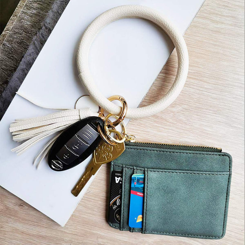 [Australia] - Weixiltc Large Circle Key Ring Leather Tassel Bracelet Holder Keychain Keyring For Women Girl Beige 