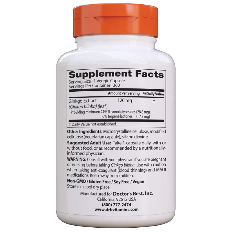 [Australia] - Doctor's Best Extra Strength Ginkgo, Non-GMO, Vegan, Gluten Free, Soy Free, Promotes Mental Function and Memory, 120 mg, 360 Count (Pack of 1) 