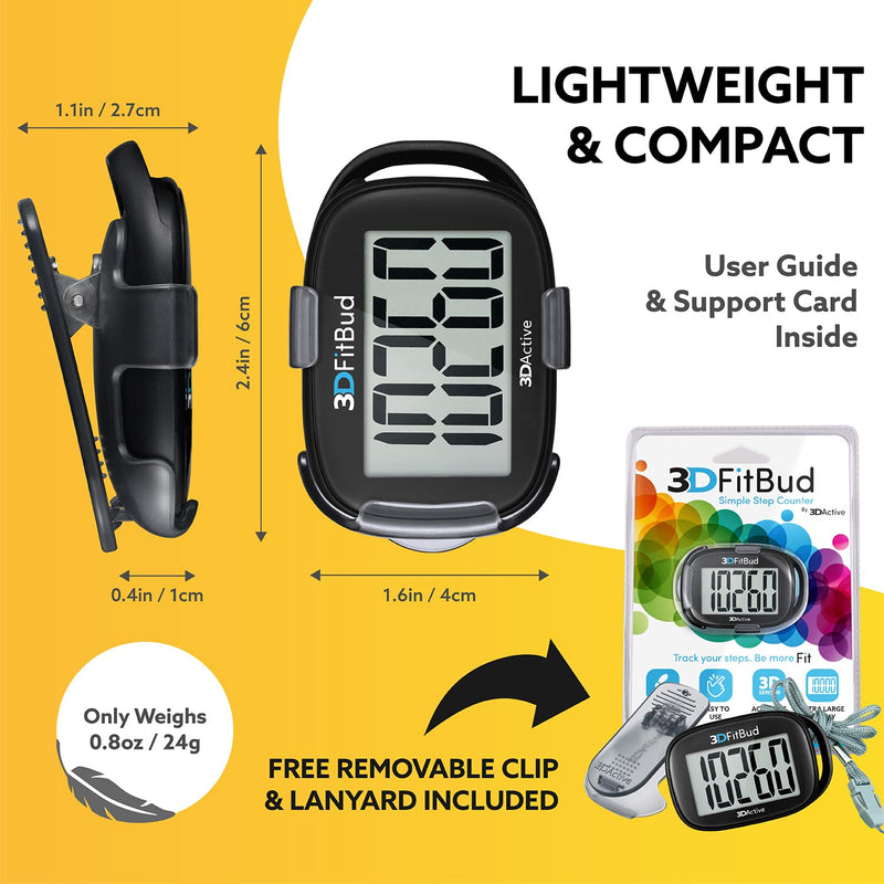 [Australia] - 3DFitBud Simple Step Counter Walking 3D Pedometer with Clip and Lanyard, A420S Black 