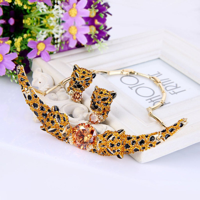 [Australia] - EVER FAITH Vivid Dual Leopard CZ Crystal Animal Necklace Earrings Set Orange Gold-Tone 
