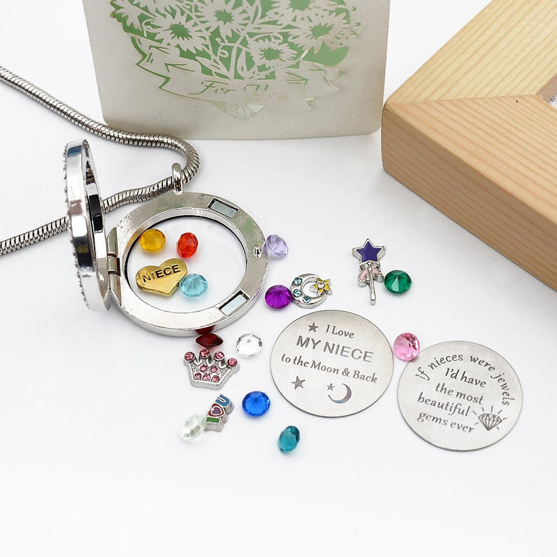 [Australia] - beffy Best Gifts for Niece Aunt, Floating Living Memory Locket Necklace Pendant with Charm & Birthstone for Women, Girls & Teen Girl NiecesAunt-C001 