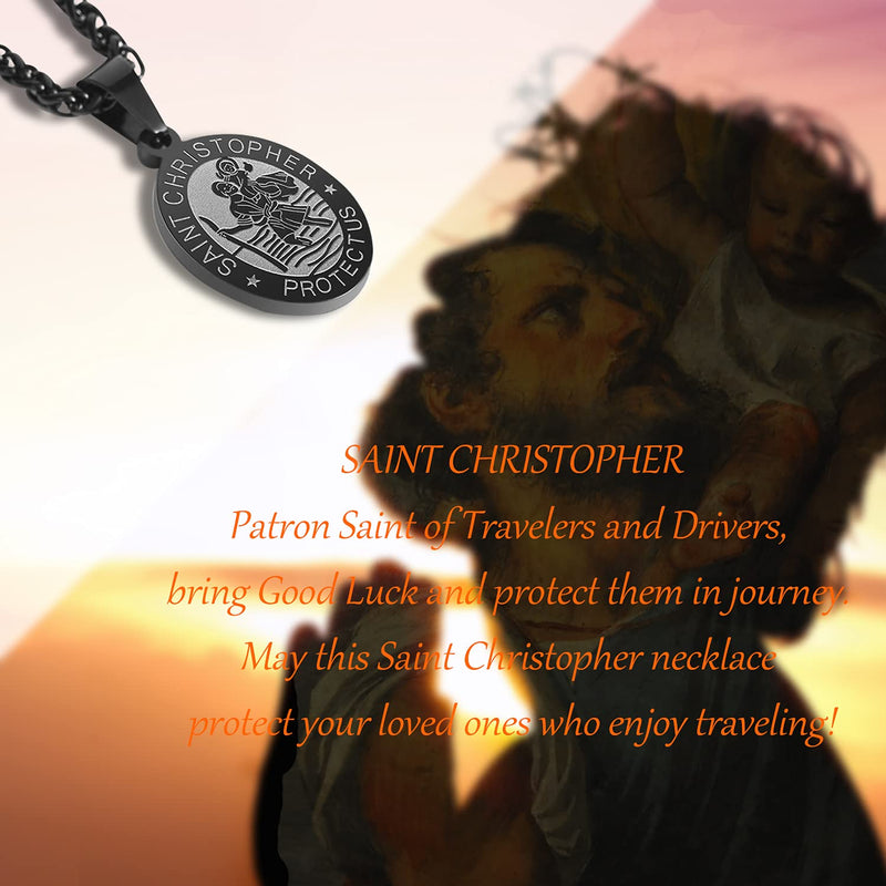 [Australia] - Oval Saint Christopher/Michael/Joseph Pendant Medal Necklace, Catholic Stainless Steel Wheat Chain 24 Inches Saint-Christopher-Black 