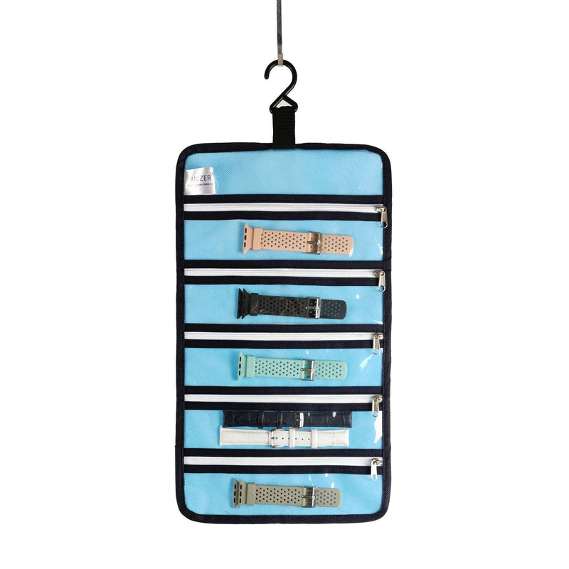 [Australia] - ANIZER Watch Band Storage Roll Holders Hanging Organizer for Watch Band Straps Accessories with 5 Zippered Clear Pockets (Blue) Blue 