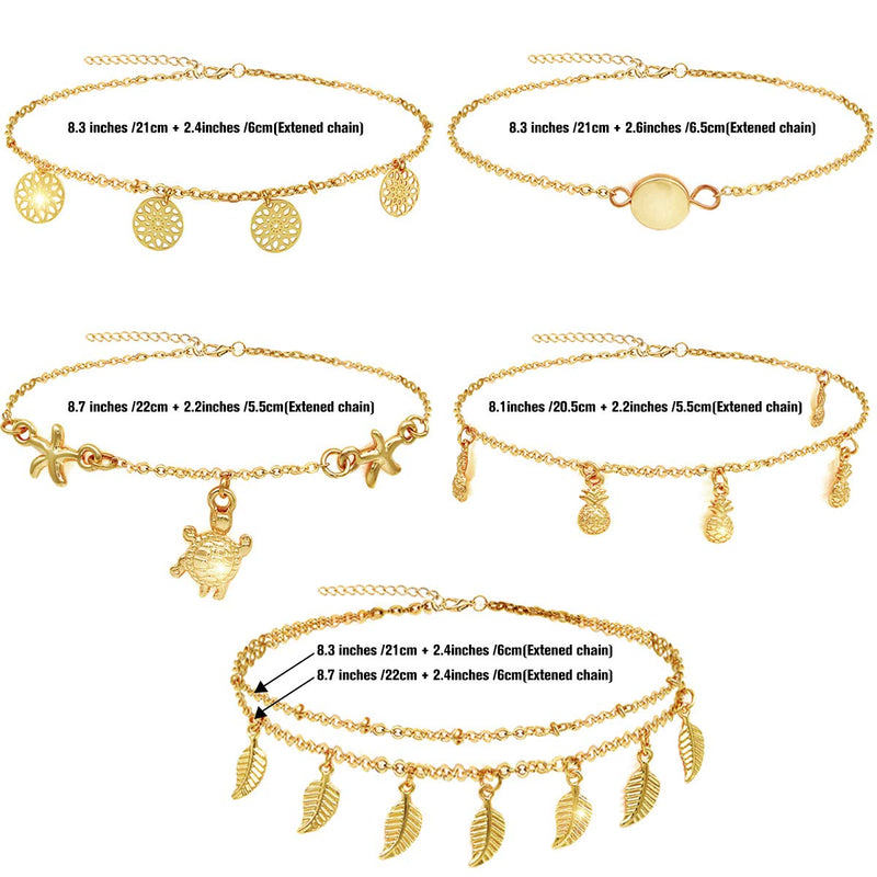 [Australia] - Suyi 5Pcs Chain Ankle Bracelets Adjustable Beach Anklets Foot Jewelry Set for Women Gold 