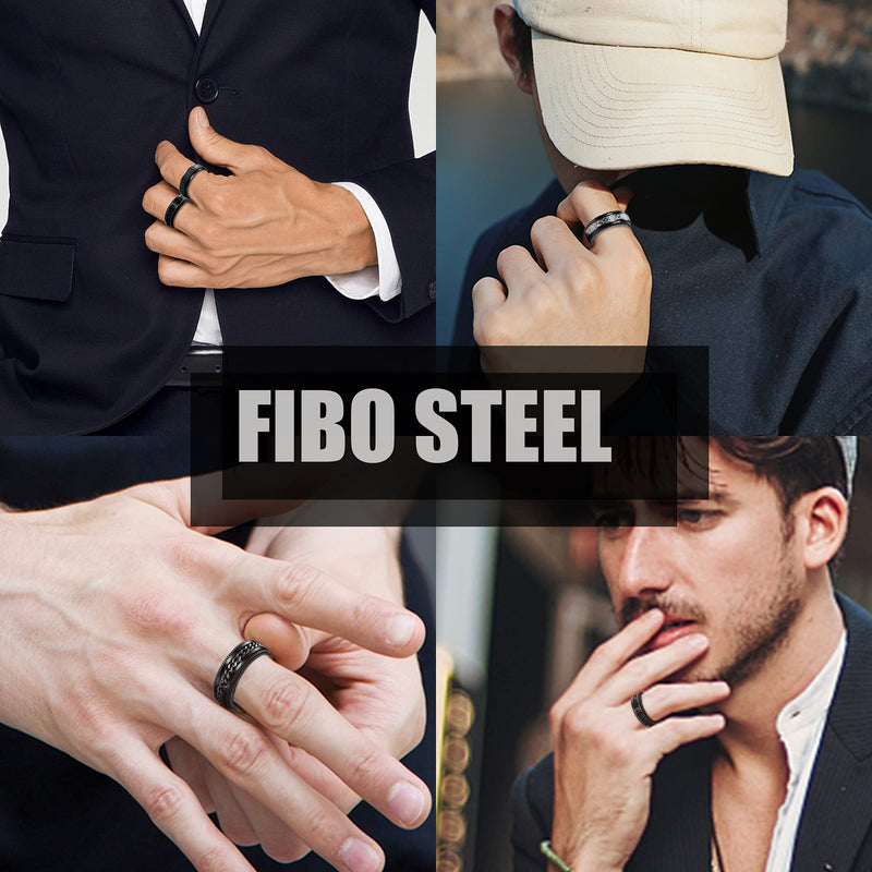 [Australia] - FIBO STEEL 6Pcs Black Spinner Rings for Men Women Fidget Rings Cool Chain Inlaid Greek Key Rings Stainless Steel Stress Relieving 8mm Wide Wedding Promise Band Rings Set Size 6-13 