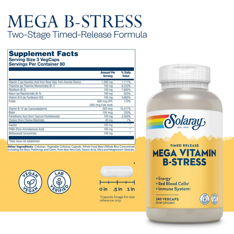 [Australia] - Solaray Mega Vitamin B-Stress, Timed-Release Vitamin B Complex with 1000 mg of Vitamin C for Stress, Energy, Red Blood Cell & Immune Support, 60 Day Guarantee, Vegan (240 CT) 240 Count (Pack of 1) 