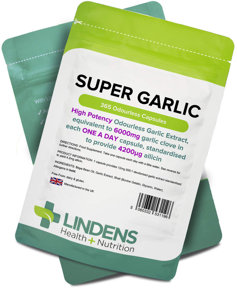 [Australia] - Lindens Super Garlic Odourless Capsules - 365 Pack - High Strength 6000mg (4200mcg Allicin) - Contributes to Normal Muscle Function, Heart Health and Immune Health - UK Manufacturer, Letterbox Friendly 
