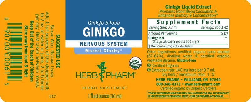 [Australia] - Herb Pharm Certified Organic Ginkgo Liquid Extract for Memory and Concentration - 1 Ounce (781468) 1 Fl Oz (Pack of 1) 