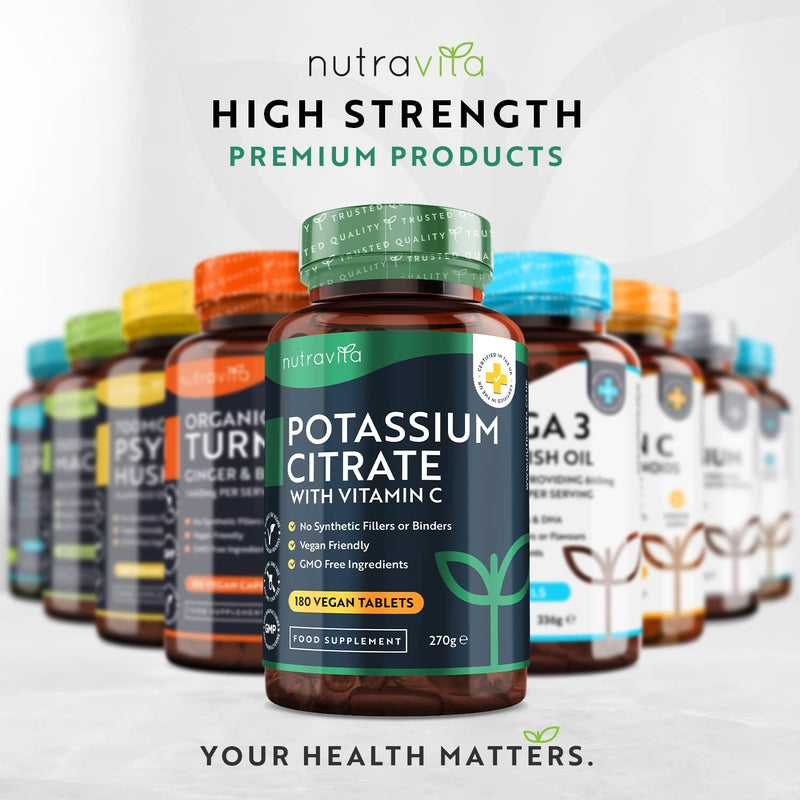 [Australia] - Potassium Citrate with Vitamin C - 180 Vegan Tablets - High Strength Potassium Supplement - Natural Electrolytes Support - Superior Absorption - Vegan Potassium Tablets - Nutravita 