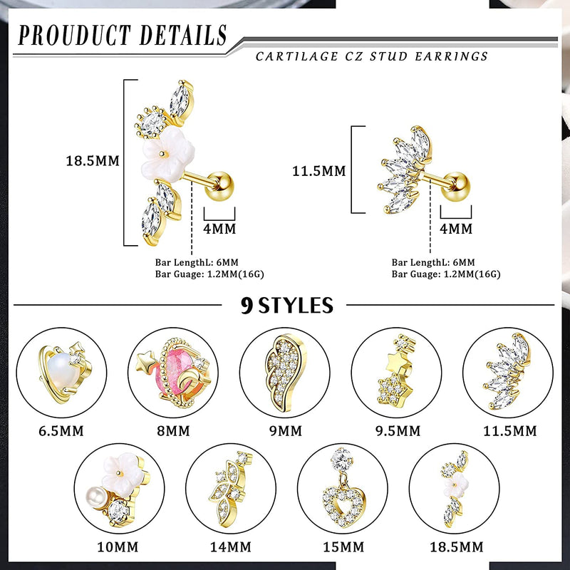 [Australia] - MILACOLATO 9Pcs 16G Cartilage Earrings for Women 316L Stainless Steel CZ Heart Wing Pearl Helix Conch Tragus Cartilage Stud Barbell Ear Piercing Jewelry Gold 