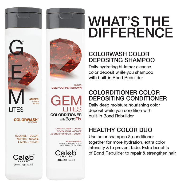 [Australia] - Celeb Luxury Intense Color Depositing Colorwash Shampoo + BondFix Rebuilder, Vegan, Sustainably Sourced Plant-Based, Semi-Permanent, Viral and Gem Lites and Duo Bundle Sets Gem Lites Amber Colorwash 