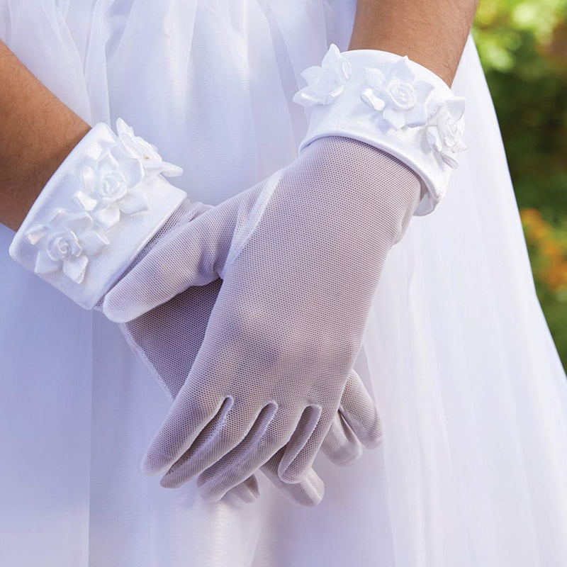 [Australia] - Girl's White First Holy Communion or Flower Girl Gloves with Rosebuds, Medium 