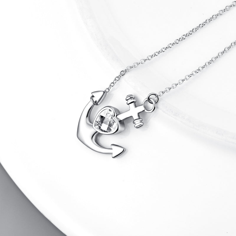 [Australia] - YFN Sterling Silver Anchor Pendant Necklace Nautical Jewelry for Women Girls Clear Necklace Sideways 